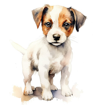 Jack Russell terrier puppy. Stylized watercolour digital illustration of a cute dog with big brown eyes.