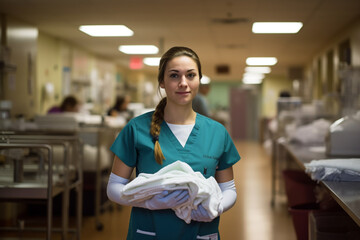 A nurse in a hospital holds a small white disposable towel in her 2 hands