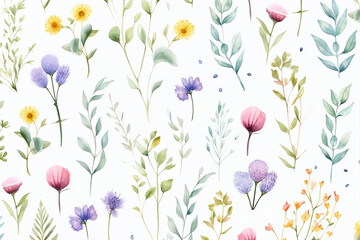 Watercolor vector with wild flowers, leaves, trees and flying butterflies. Garden background in vintage style. Abstract. Wild flower background. gift wrapping paper