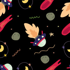 Space print. Rocket, flying saucer, planets and stars. Seamless vector pattern (background).