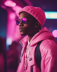 Portrait of an African American male model dressed in trendy clothes in pink colors against blurred city lights. Stylish image of a modern man. The image of everyday urban clothing.