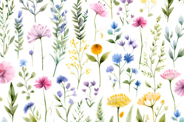 Fototapeta na wymiar Watercolor vector with wild flowers, leaves, trees and flying butterflies. Garden background in vintage style. Abstract. Wild flower background. gift wrapping paper