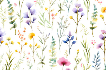 Watercolor vector with wild flowers, leaves, trees and flying butterflies. Garden background in vintage style. Abstract. Wild flower background. gift wrapping paper