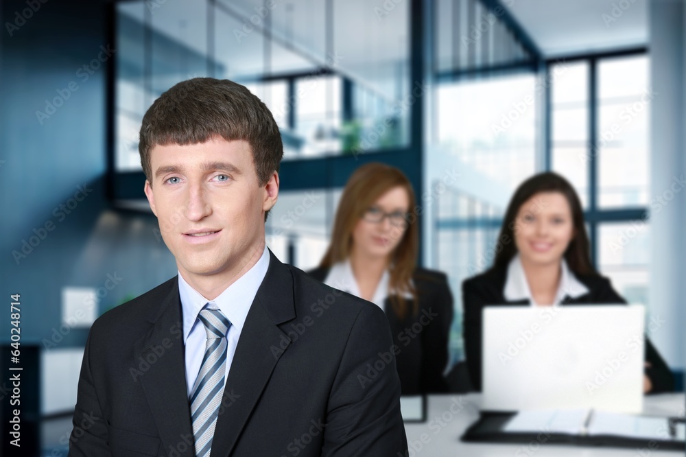 Wall mural Successful confident businessman posing in office, AI generated image