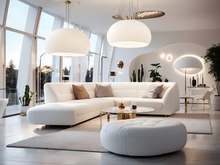 An exquisite modern bahaus architectural interior house with a beautiful white velvet sofa and chairs, a modular suspended lamp with glass diffusers and  metal structure illuminated by LED light.