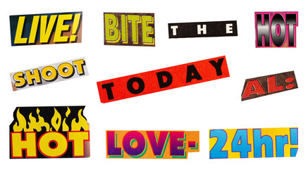Fototapeta premium Cutout magazine vintage text, labels, price, offer, discount, words, tags, sign and more, collection of different designs from vintage 90's magazine, png isolated on transparent background