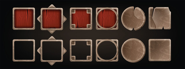 Stone game frame UI viking medieval rock vector avatar circle rectangle, fantasy vintage ring border. Mobile app award web assets, ancient decoration RPG user menu. Ranking interface stone frame
