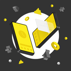 Isometric foldable smartphone with online shopping 3d elements.