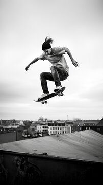 skateboarder in jumping doing tricks on top of a roof