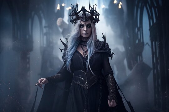 Portrait of a beautiful gothic woman in a dark forest. Generative AI.