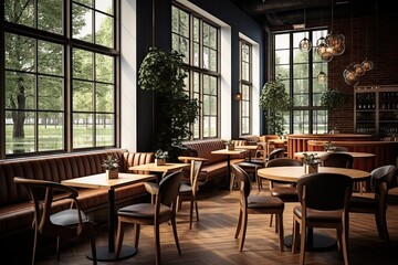 Obraz premium Contemporary design in trendy bistro. Comfort meets style. Interior of cafe. Savory spaces. Exploring ambiance of restaurant interior