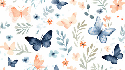 Butterflies seamless wallpaper with a white background. Floral and butterfly paper for crafts, scrapbooks or art projects.   