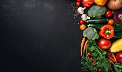 Fototapeta na wymiar Vegetables on black wood background. Vegetarian organic food banner. Cooking ingredient. Created by AI tools