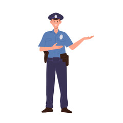 Police officer cartoon character wearing uniform pointing aside standing isolated on white