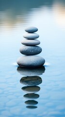 Zen stones symmetrically aligned against calm water. 