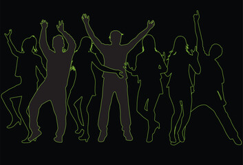 Neon silhouettes of dancing young people.