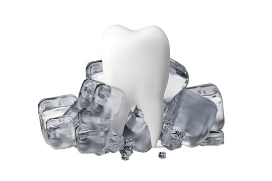 Cold Sensitive teeth, white teeth and ice for dental disease concept. 3D rendering.