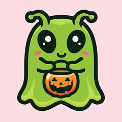 cute alien ghost celebrating halloween