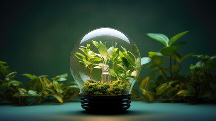 Fototapeta na wymiar Light bulb with green plants inside on forest background