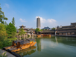 Night view of Puyuan, An ancient water town in Zhejiang Province, China.