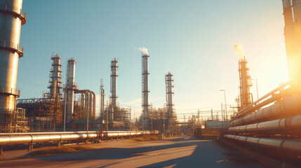 Photography of high tower pipelines outside a large chemical plant at sunset