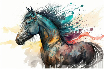 Watercolor illustration of horse. Hand drawn AI generated