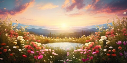 Sunrise over floral meadow. Enchanted forest. Spring journey through nature. Misty mornings and vivid evenings. Capturing seasons in landscape. Space for placing products