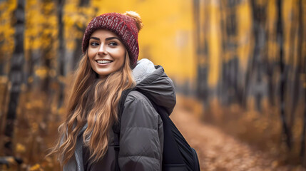A happy woman in a knit hat and winter coat hiking in autumn.  Lady on a walkabout in the fall forest. 