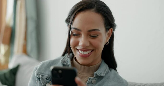 Woman, smile and typing on smartphone in home, reading social media joke and chat notification of multimedia connection. Cellphone, laugh and search funny meme, download digital app and mobile games