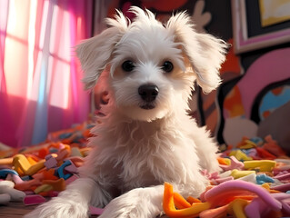 Playful white terrier puppy posing in front of camera.  cute dog photo in colorful room.