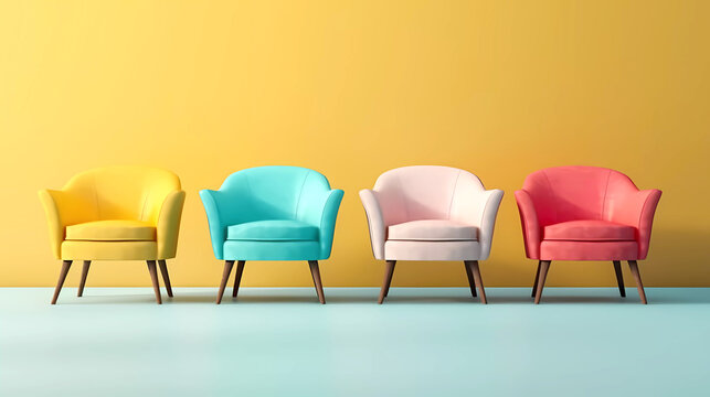 Four colorful retro arm chairs in a row with a yellow background. Vintage fabric chairs front facing isolated against a wall with copy space.