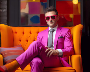 Portrait of a man in a hot pink suit, white shirt and gray tie wearing red sunglasses sitting on an orange sofa.