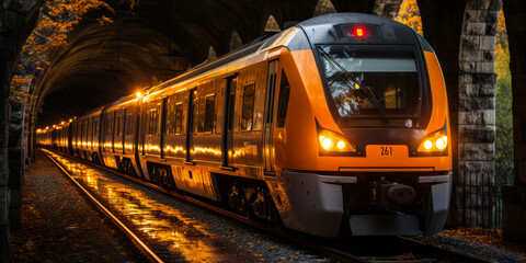 Fototapeta premium Dark tunnel illuminated by a train as it passes through, creating a captivating atmosphere. A railway-inspired image for visuals and graphic projects.