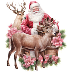 Watercolor Pink Santa Claus with Reindeer and Flowers Clipart. Vintage Santa Decor. Christmas Theme Illustration.