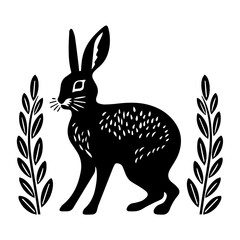 Easter rabbits isolated vector illustration set in linocut style. 