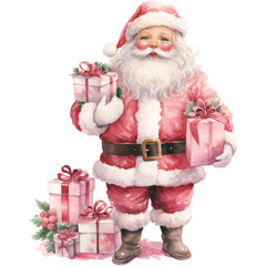Watercolor Pink Santa Claus wiht Gifts Clipart. Vintage Santa Decor. Christmas Theme Illustration.
