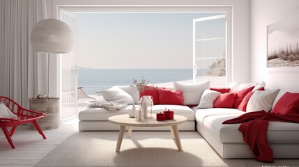 Living room interior , A coastal-inspired living room in the red and white Nordic style, offering a view of the beach and ocean