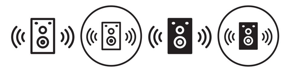 Speaker Icon. Loud music home system symbol. Vector set of audio bass with Bluetooth technology. Flat outline of electrical loud volume amplifier box equipment logo - obrazy, fototapety, plakaty