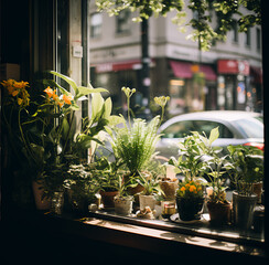 Fototapeta premium plants, sitting in the window of a coffe shop