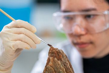 Rock sample in geology science laboratory research, mineral soil test in chemistry lab industry...
