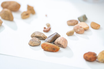 Rock sample in geology science laboratory research, mineral soil test in chemistry lab industry analysis work, geological stone material from nature with scientific equipment for industrial business