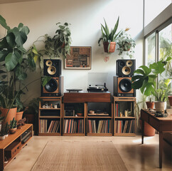 record room, stereo console, speakers, dieter rams, whit big loudspeakers type gramophone, stackin, plants, minimal, design, big space