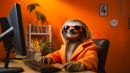 sloth at the computer. generative ai.
concept lazy company worker.