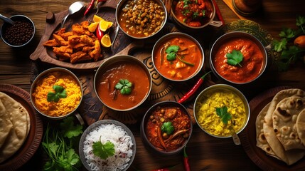 Various Indian food on wooden table surved with spices and vegetables.