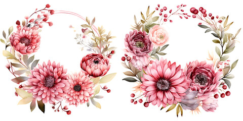 Beautiful wedding wreath with Scabiosa Kudo pink flowers watercolor elements set.