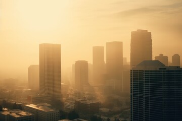 Aerial photograph of city buildings at sunset