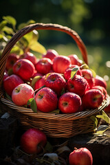 Basket full of freshly hand picked red apples with morning sunshine