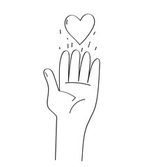 Hand holding a heart icon vector doodle.