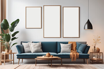 Modern living room with sofa and wall frames mockup image