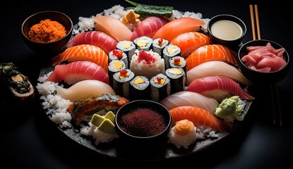 sushi rolls on a dark background, cooking, sushi, rolls
